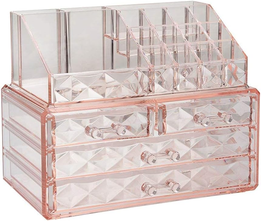 Cosmetic Jewelry Boxes with Brush Holder 2 Piece Set, Pink