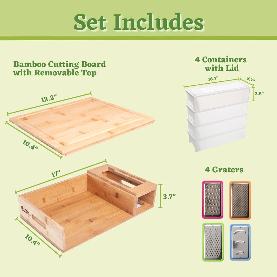 Bamboo Cutting Board With Containers and Removable Top  Kitchen Boards & Food Storage Tray With Lids, Home Prepdeck Marble & Veggie Shredder Wood Prepboard Deck Slide Drawer Bins