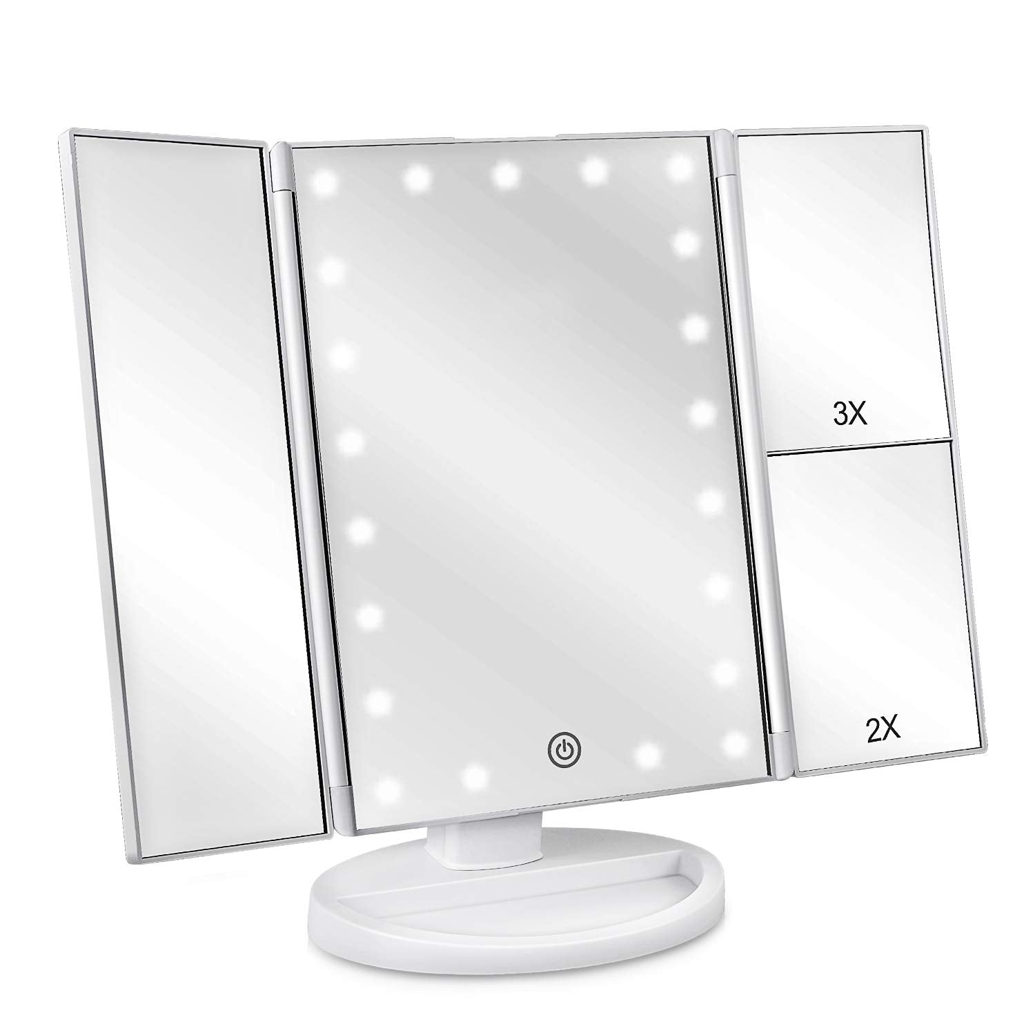 Vanity Mirror Floor Mount Tri-Fold Lighted and 3X/2X/1X Magnification,Travel Mirror