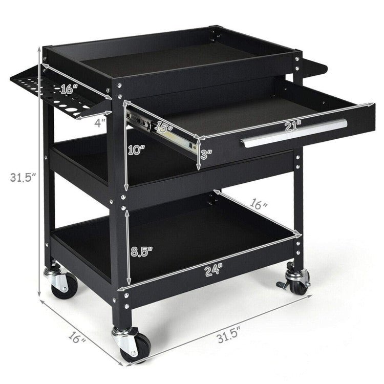 Workshop Tool Cart 3 Tier with Drawer and Side Tool Slots