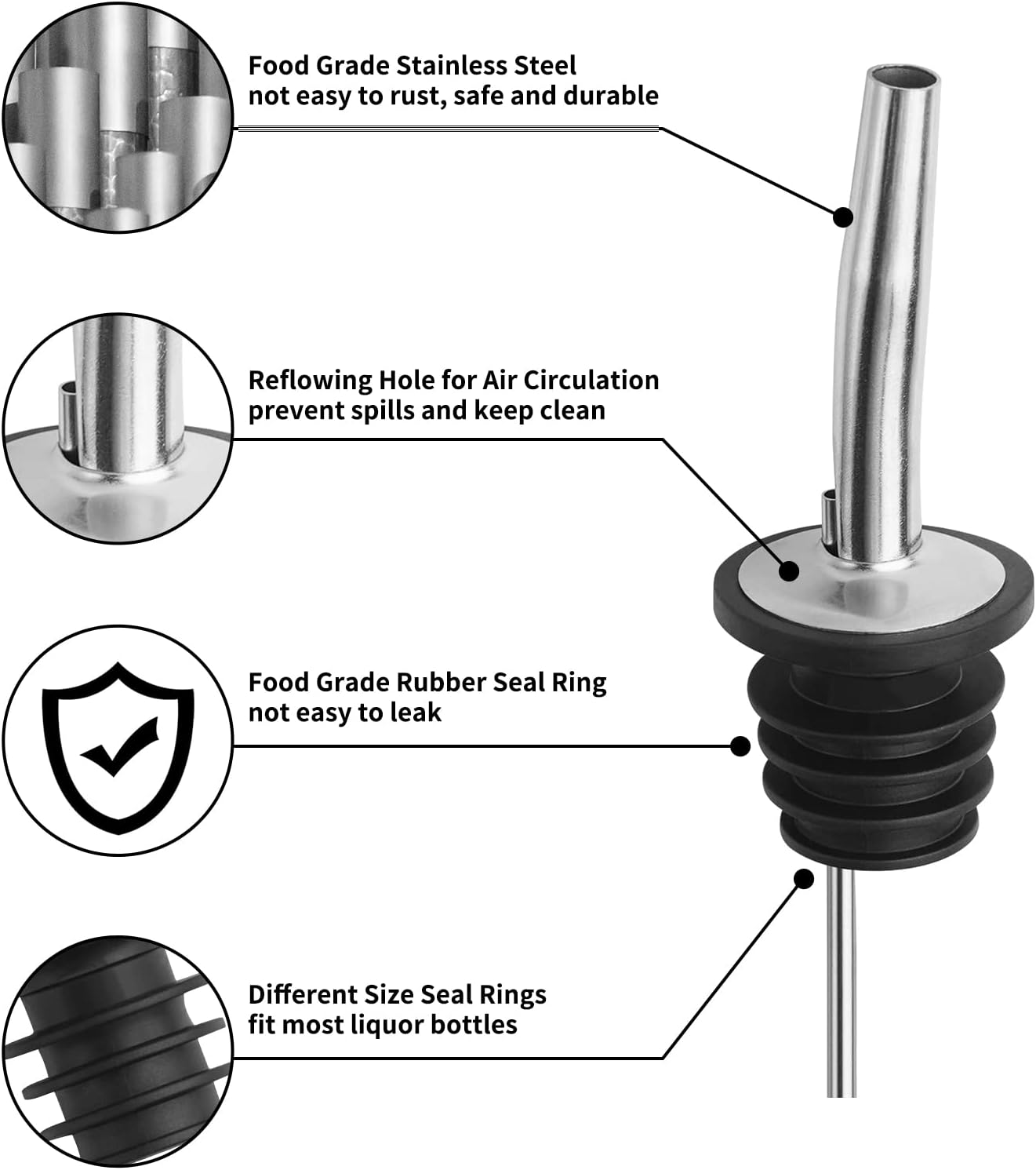 12 Pack Pour Spouts with Rubber Dust Caps for Liquor Bottles