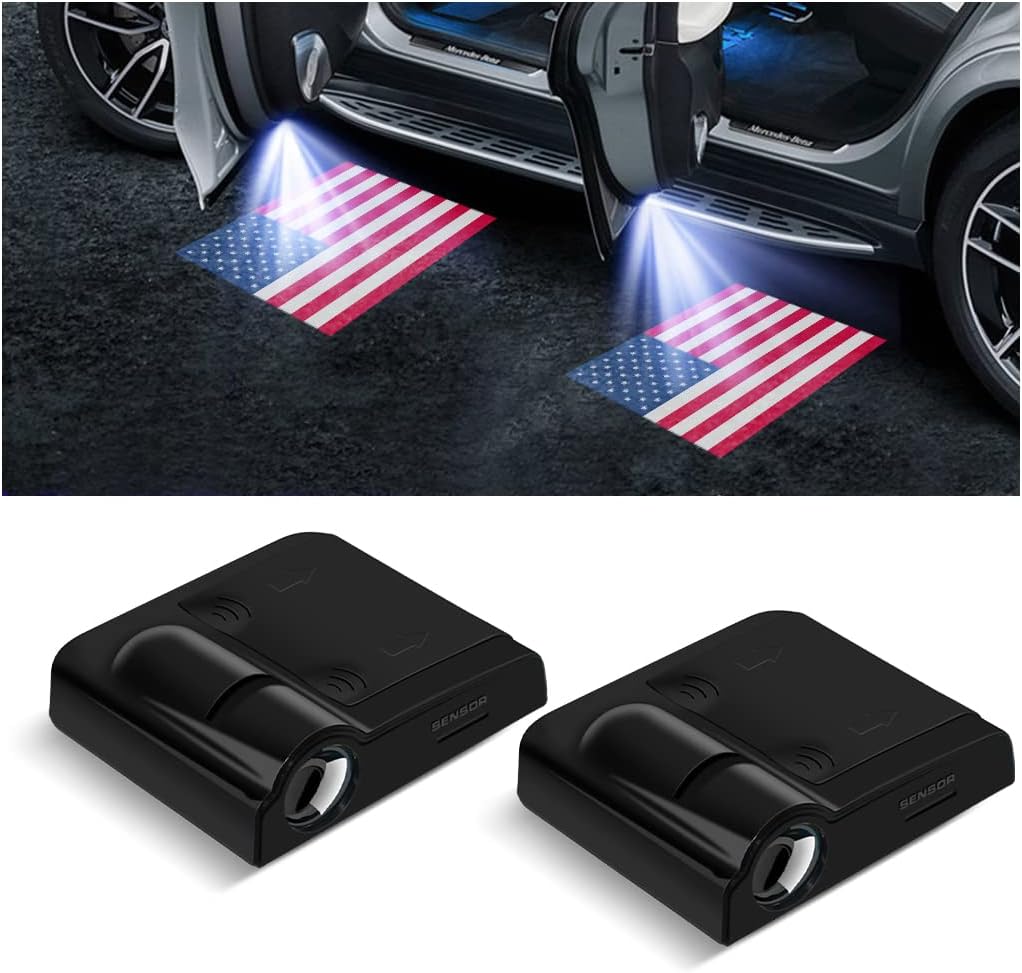 Car Door Lights Logo Projector 2 Pack, Red American Flag Wireless LED Car Paste Courtesy Hole less Magnet Sensor Light Accessories