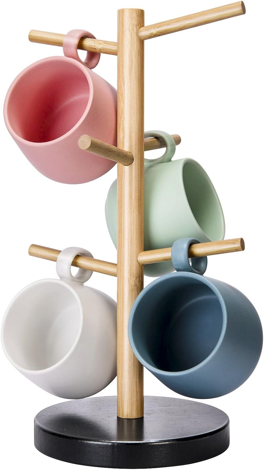 Mug Holder Base Coffee Cup Bamboo Holder Stand with 6 Hooks