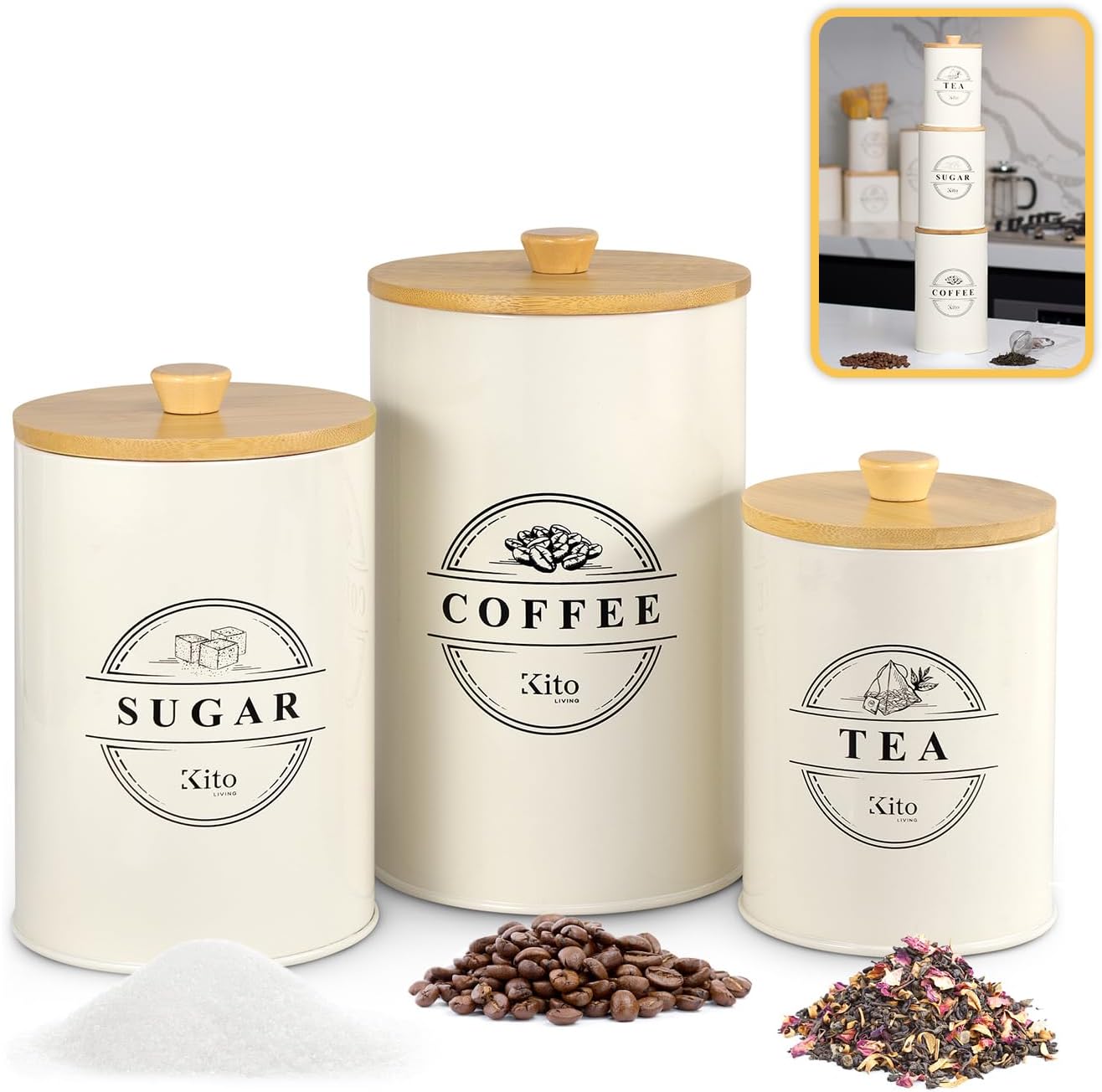 Kitchen Counter Canister Sets, 3 Piece Airtight Sugar Tea Coffee Canisters with Wooden Bamboo Lids