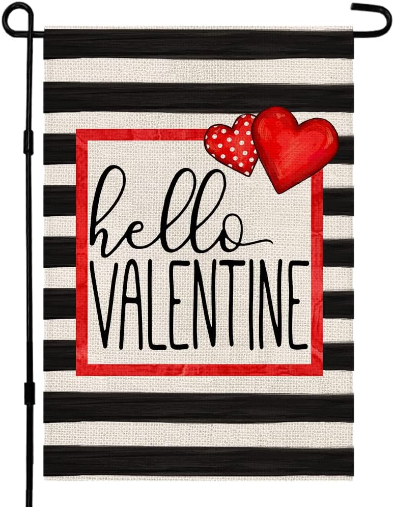 Hello Valentine Watercolor Stripes Garden Flag 12" x 18" for Valentine's Day Holiday Anniversary Wedding Yard Outdoor Decoration