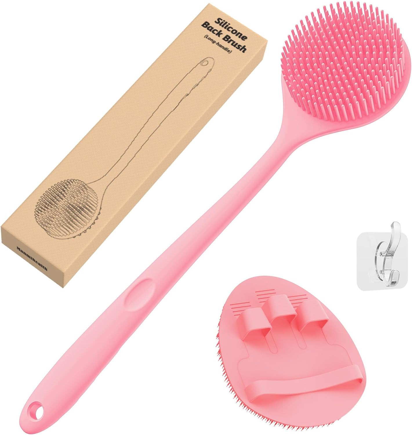 Silicone Back Scrubber Cleaning Body Scrubber with a Free Hook (Pink)