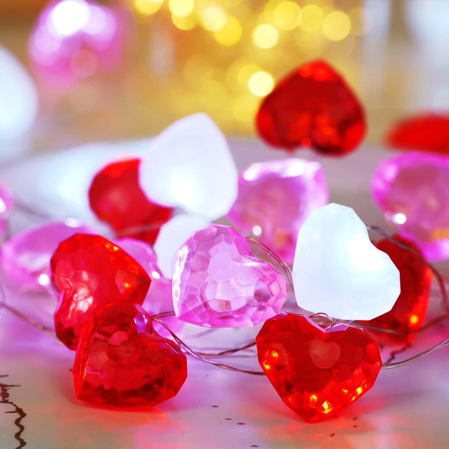 Valentine Day Decor 10FT 30 LEDs Heart Lights Twinkle Fairy String Lights Battery Operated with Remote (Red Pink White)