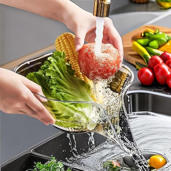 Fruit Cleaning Bowl with Strainer Container Multifunctional Drainer Basket (2PCS, Transparent + Gray