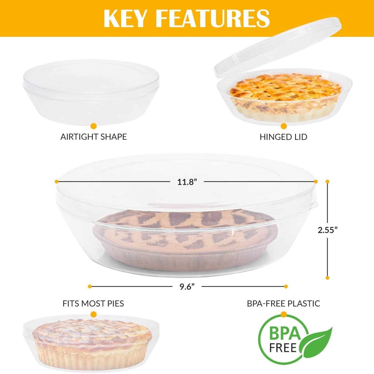 Pie Container with Lid - BPA Free, Lightweight, Airtight, Washable Pie Keeper with Hinged Cover