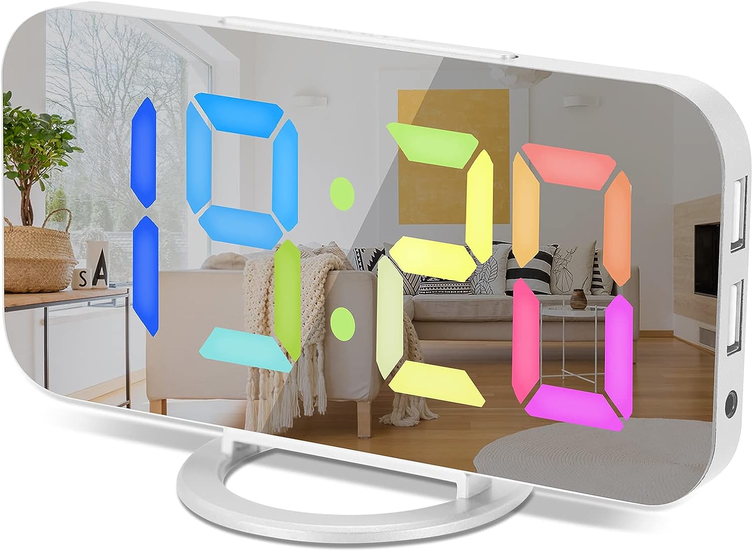 Digital Clock Large LED Display, Mirror for Makeup with Dual USB Charger Ports (White-Colorful)