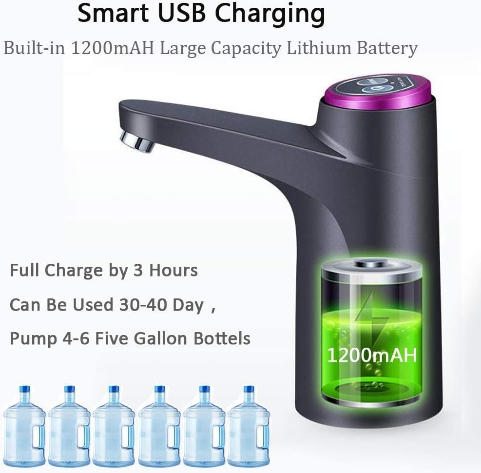 Portable Water Bottle Pump for Universal 3, 4 and 5 Gallon with USB Electric Charging and Automatic Off Switch (Black)