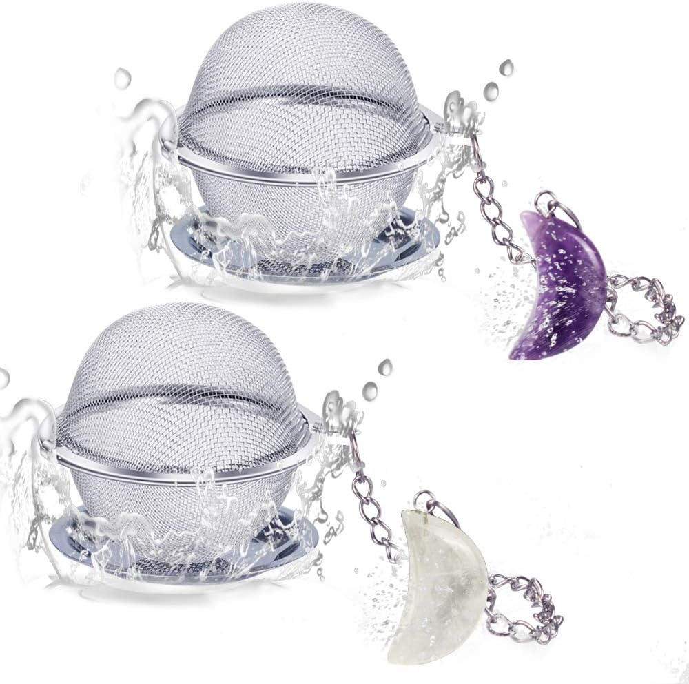 Stainless Steel Ball Mesh Tea Strainer, Amethyst & White Crystal Moon Pendant with Extended Chain Hook for Brew Fine Loose Tea and Spices & Seasonings