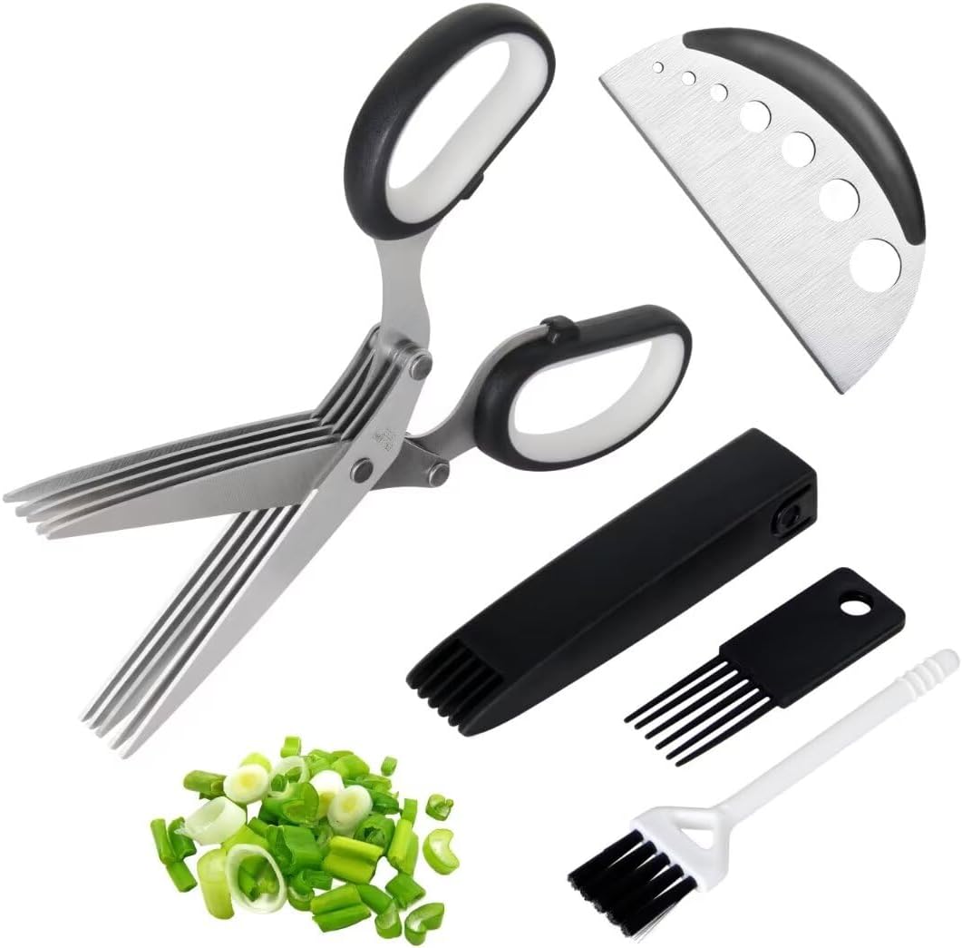 Kitchen Salad Scissors with Herb Stripping with 5 Blades and Cover + 2 Brush, Black