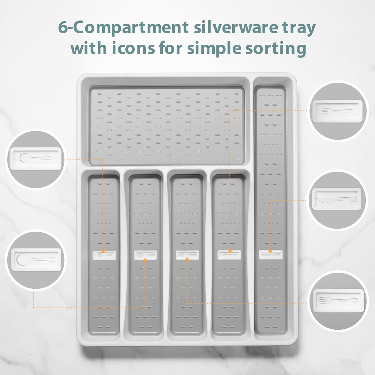 Plastic Silverware Organizer with Icons Tray for Drawer Utensil Tableware Flatware Organizer, 6-Compartment, Gray