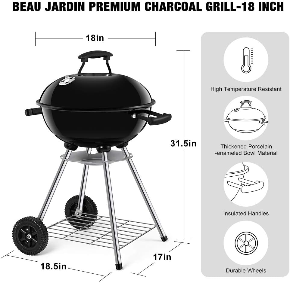 Charcoal Grill 18 Inch Coal Kettle Grill Tailgating Portable Heavy Duty Round with Thickened Grilling Bowl Wheels