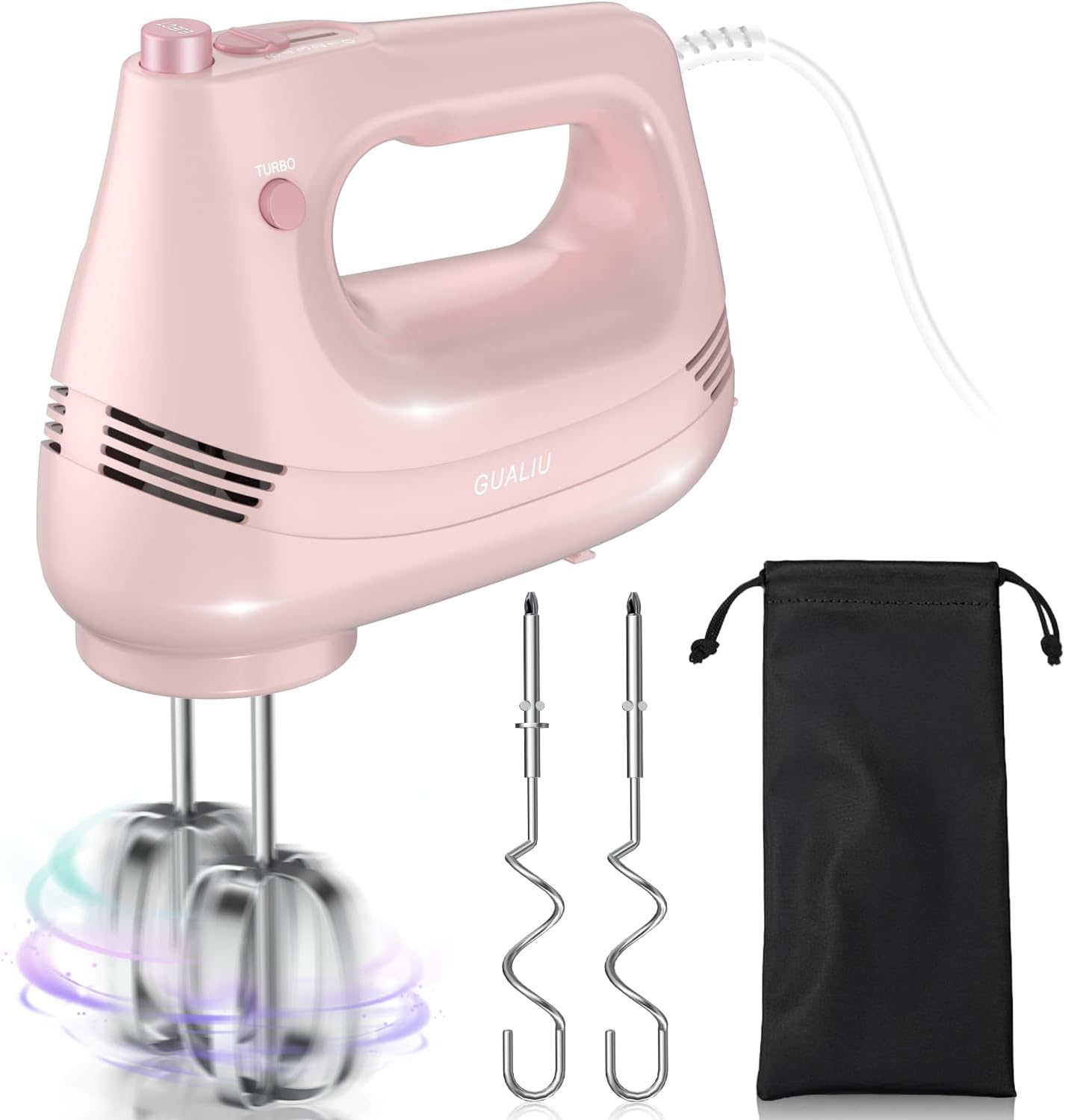 Electric Hand Mixer with Stainless Steel Whisk, Dough Hook Attachment and Storage Bag, Pink