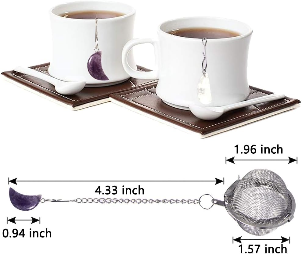 Stainless Steel Ball Mesh Tea Strainer, Amethyst & White Crystal Moon Pendant with Extended Chain Hook for Brew Fine Loose Tea and Spices & Seasonings