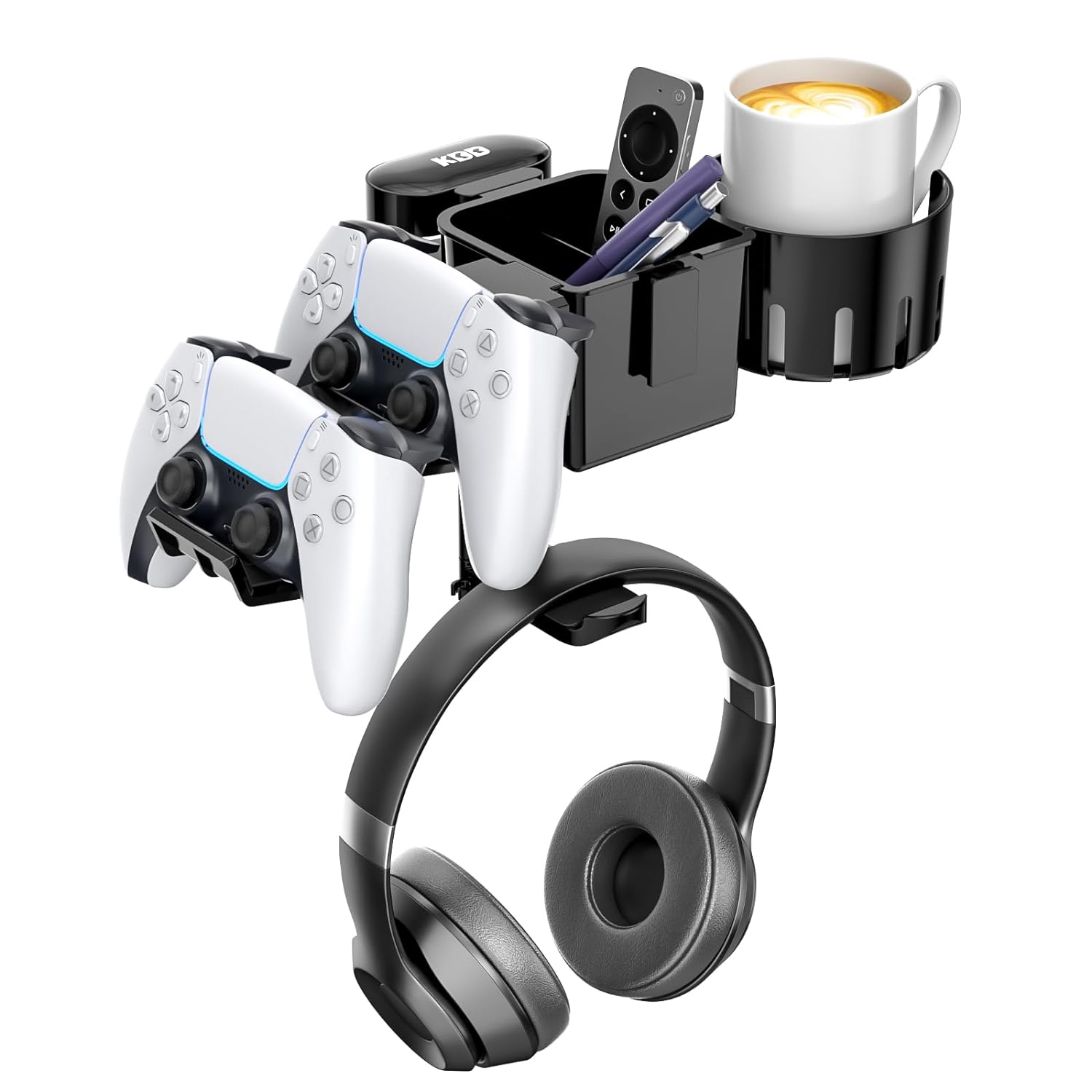 Rotating Headphone Hanger with Cup Holder, 5 in 1 Clamp On Desk Organizer (Black)
