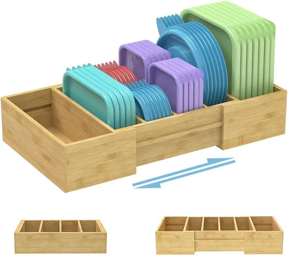 Expandable Bamboo Food Container Lid Organizer Rack with Adjustable Dividers