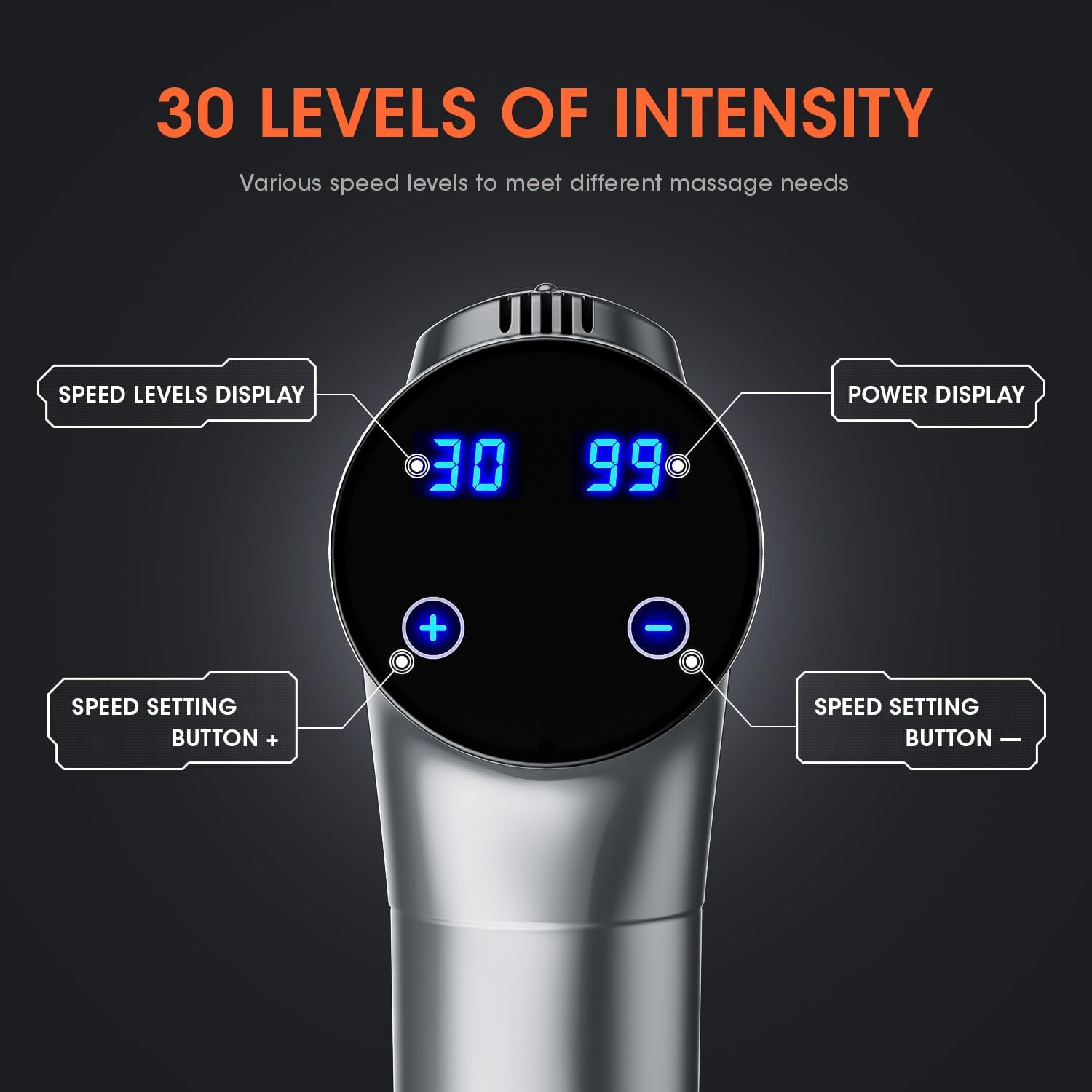 Handheld Electric Muscle Massager Percussion Massager Gun with 30 Speed Levels & 9 Massage Heads, Gray