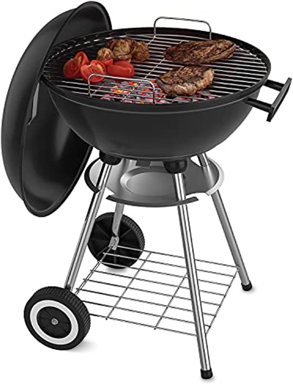 Outdoor 18 Inch Portable Charcoal Grill with Wheels with Thickened Grilling Bowl Wheels