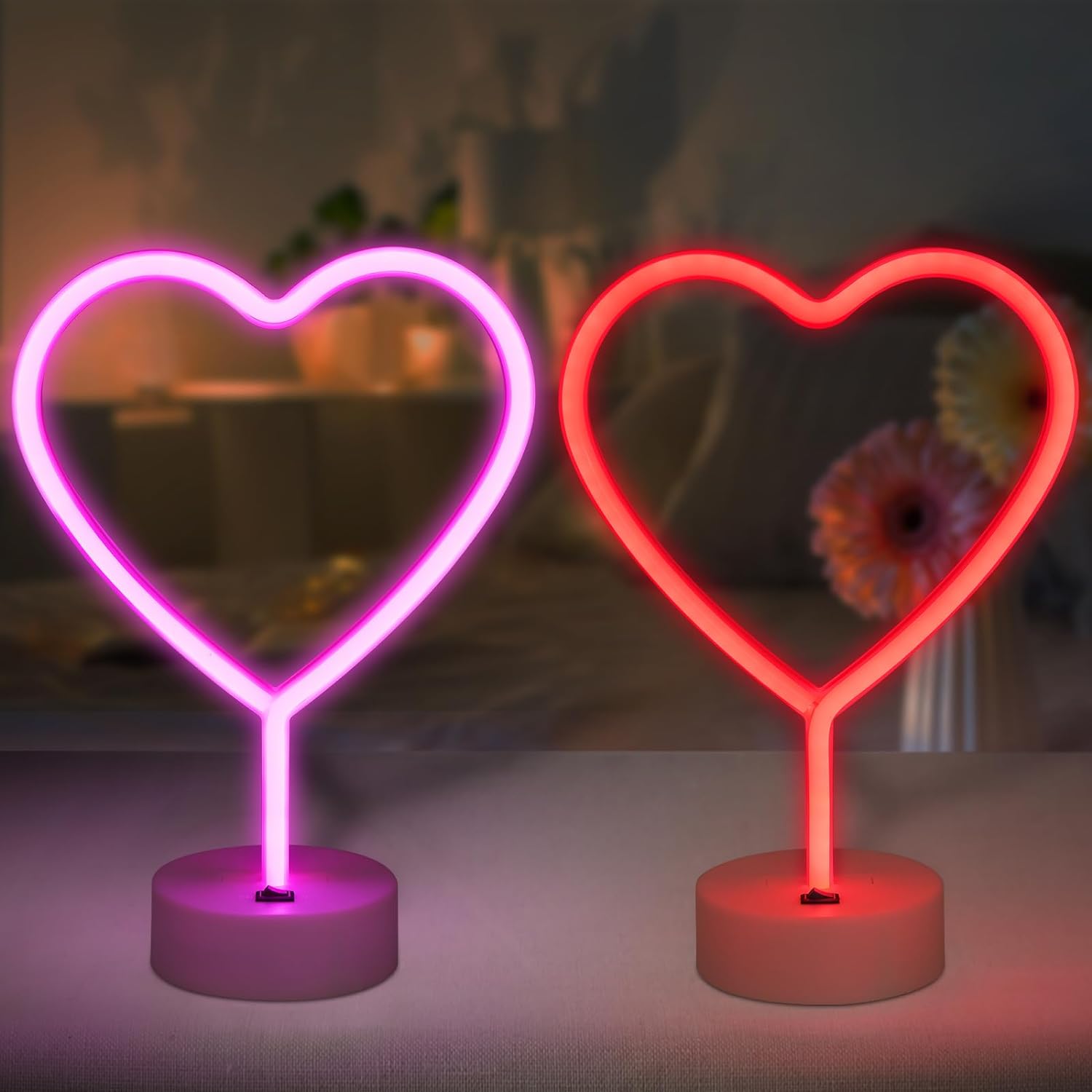 Heart Neon Signs 2 Pack, LED Pink Heart Neon Sign Battery Operated Night Light (Pink & Red)