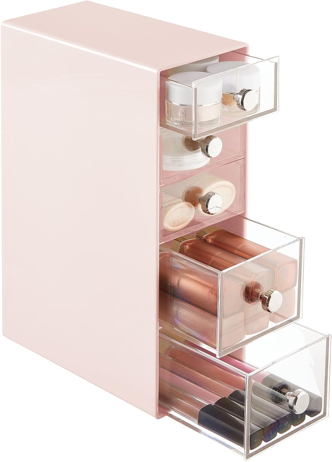 Plastic Makeup Storage 5-Drawer Organizer Pull-Out Drawers for Bathroom, Vanity, or Desk - Lumiere Collection, Light Pink/Clear