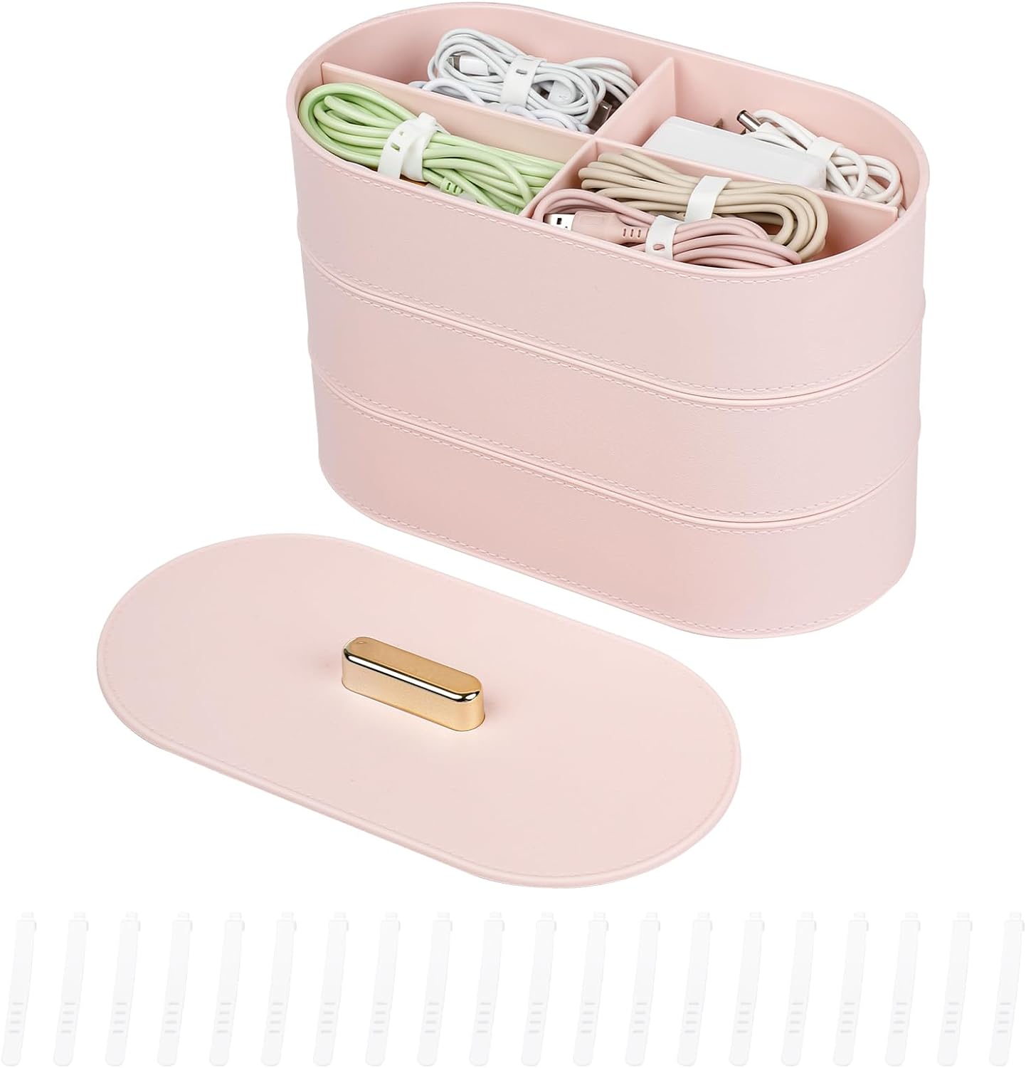 Desk Drawer Cable Organizer with Lid, Plastic Cord Management Box with 20 Pieces Wire Ties, Pink