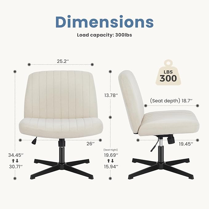 Home Office Desk Chair, Armless Wide Desk Chair No Wheels, Adjustable Fabric Vanity Chair, Beige