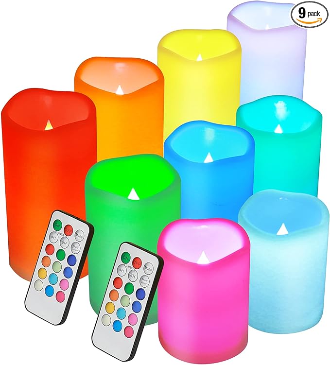 Color Changing Christmas Flameless Candles, 9 Pieces Battery Operated LED Candles with Remote and Timer for Christmas Tree Decor