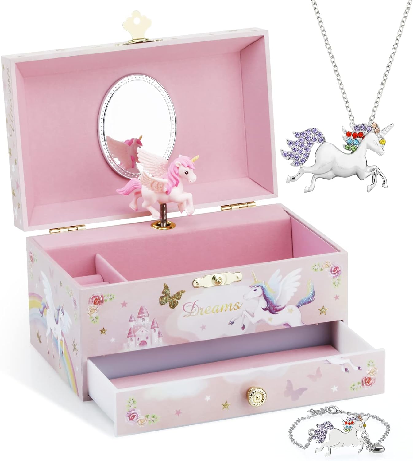 Jewelry Box with Big Drawer Jewelry Set with Spinning Unicorn and Glitter Rainbow Butterfly Design