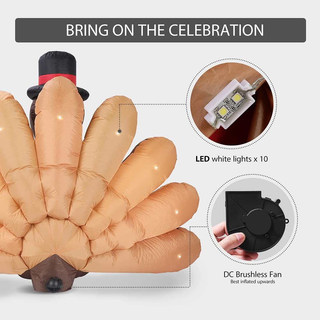 Thanksgiving Inflatable 5FT LED Lighted Turkey with Hat Blow up Decp