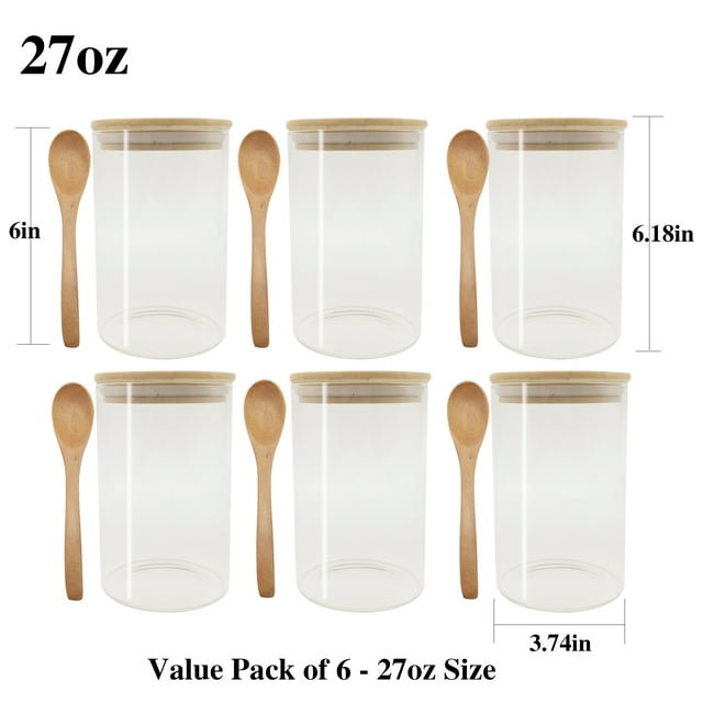 28oz Food Jars with Airtight Bamboo Lids with 6 Pcs Wooden Spoons