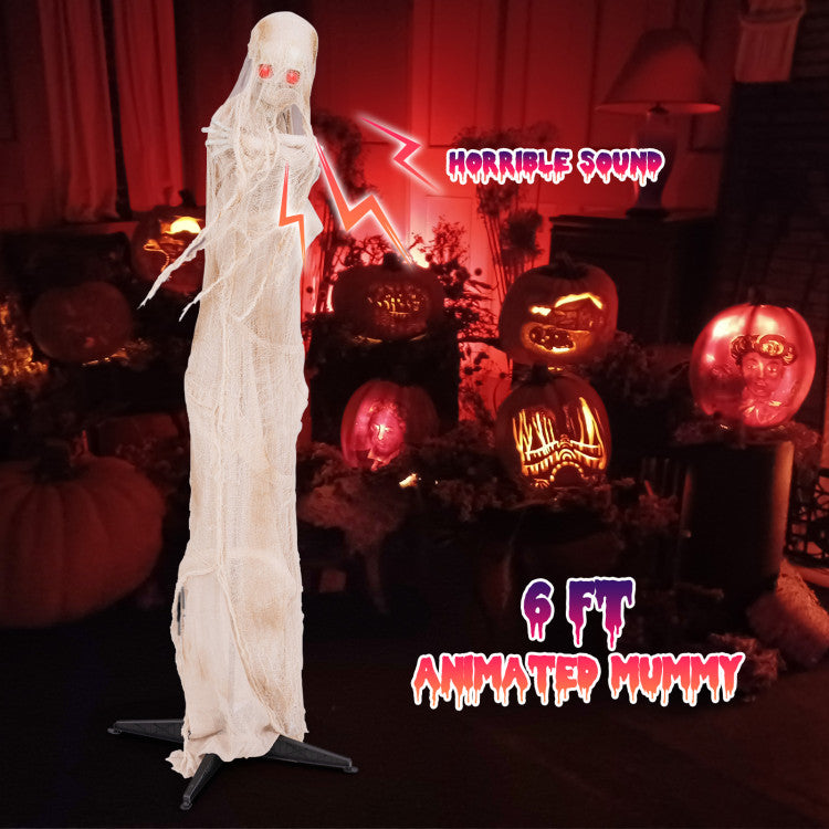 Animated 6-Foot Standing Mummy Halloween Prop with Glowing Eyes