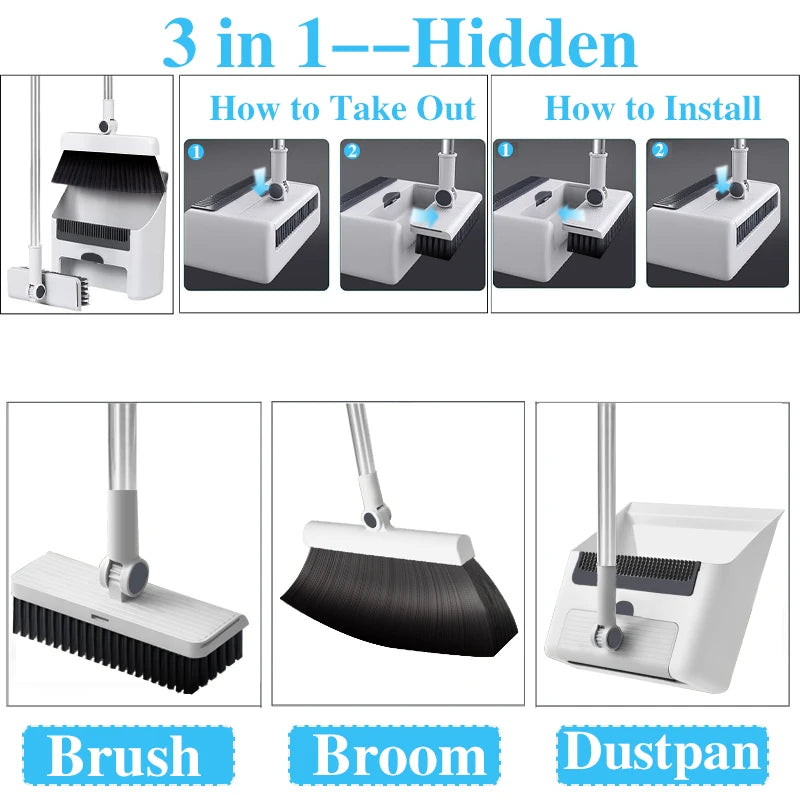3-in-1 Cleaning Set Long-Handle Broom and Dustpan