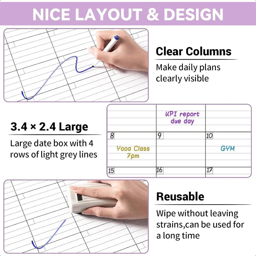 Dry Erase 3-Month Wall Planner 28&quot; x 40&quot; Reusable Laminated Whiteboard Calendar