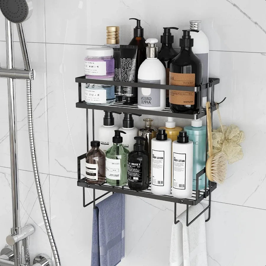 Modern 2-Tier Black Wall Shelf Space-Saving Bathroom and Over-Toilet Storage Organizer