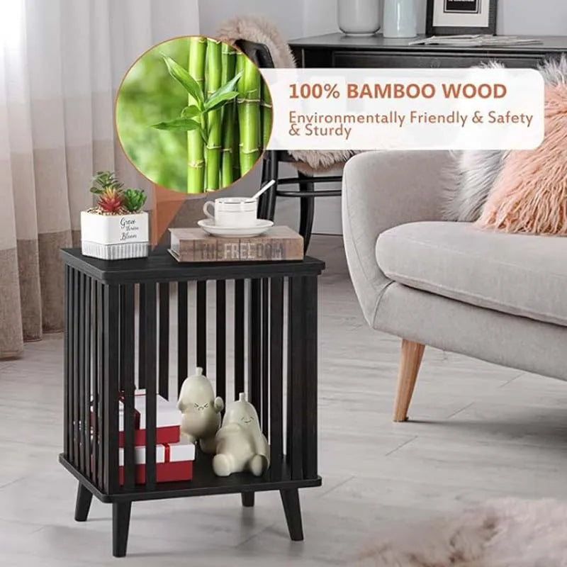 Nightstand with Bamboo Storage Large Capacity End Table (Black)