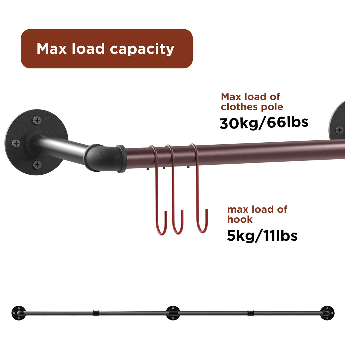 Modern Industrial Clothing Rack 70.8&quot; Wall Mounted Rack (Black)