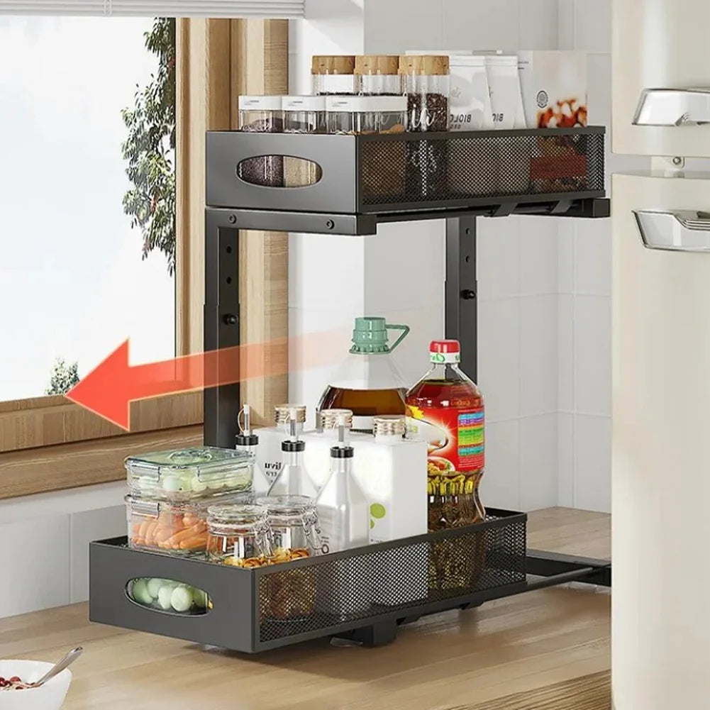 2-Tier Pull Out Cabinet Shelf Height Adjustable Under Sink Organizer (Black)