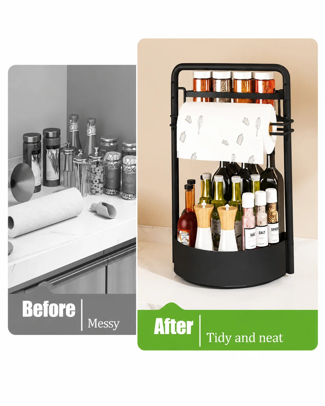 2-Tier Kitchen Countertop Organizer with Paper Towel Holder – Heavy-Duty Spice Rack for Sauce, Oil Bottles &amp; Kitchen Storage