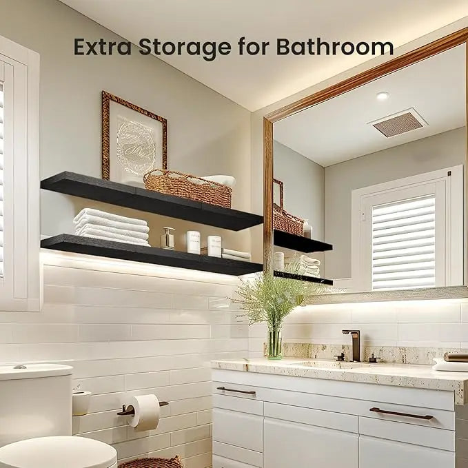 Set of 3 Floating Wall Shelves with Invisible Brackets (Black)