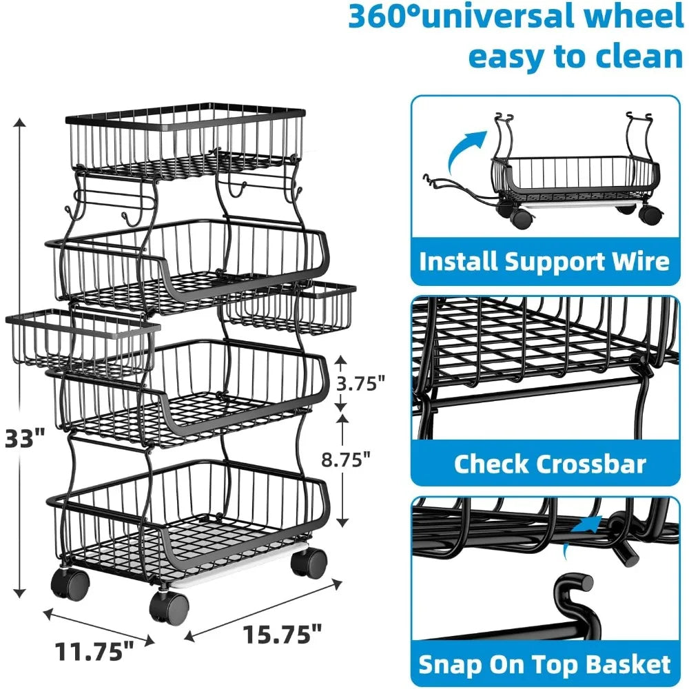 4-Tier Rolling Fruit Vegetable Basket – Stackable Metal Wire Kitchen Cart with Wheels