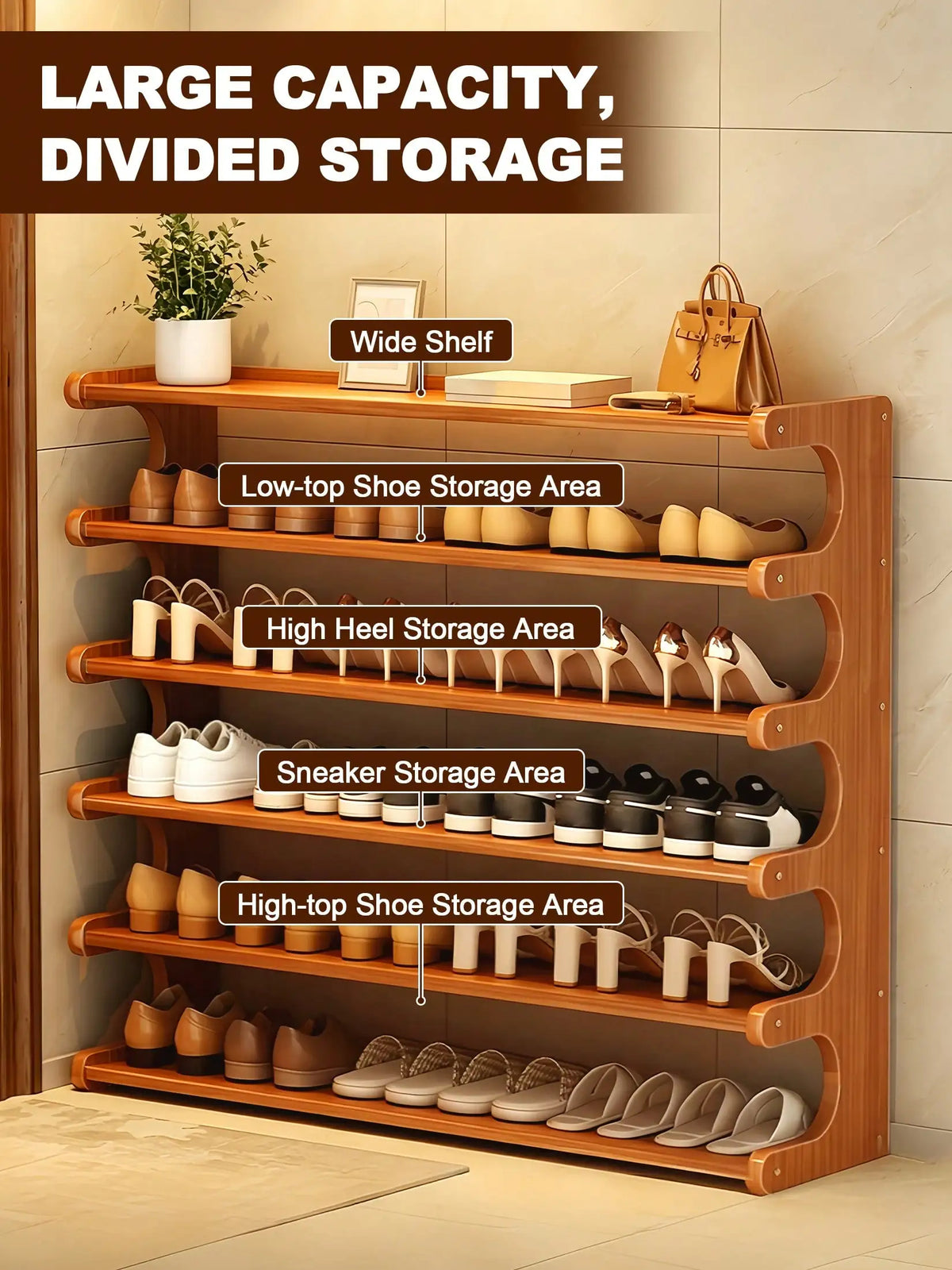 6-Tier Bamboo Shoe Rack – Space-Saving Freestanding Shoe Organizer Shelf with Elegant Arc Design for Closet, Entryway &amp; Home Storage