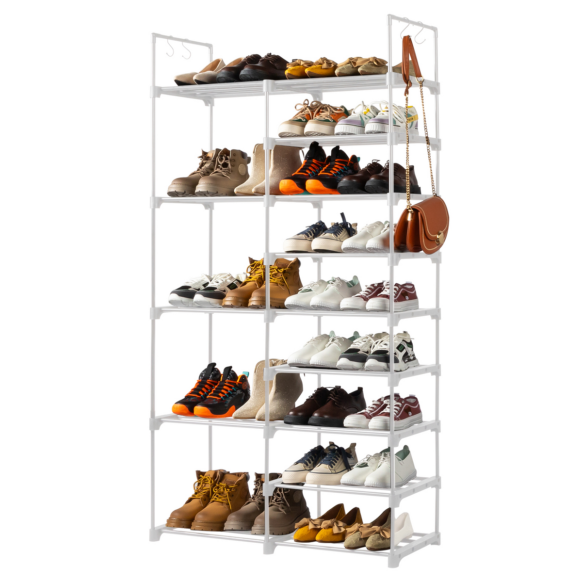 Shoe Storage Organizer 9-Layer Double Row Rack with Handles (White)