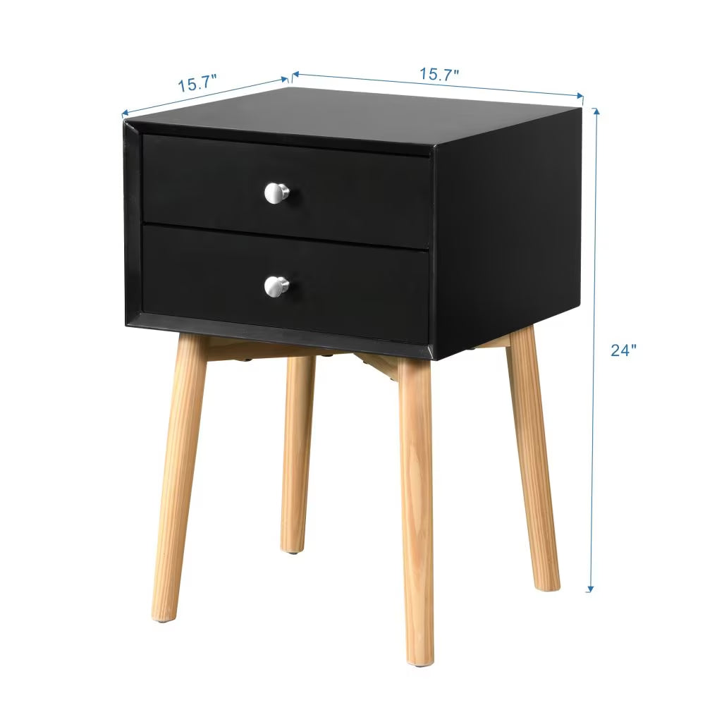 Wooden Bedside Table with 2 Drawer Storage Rubber Wood Legs