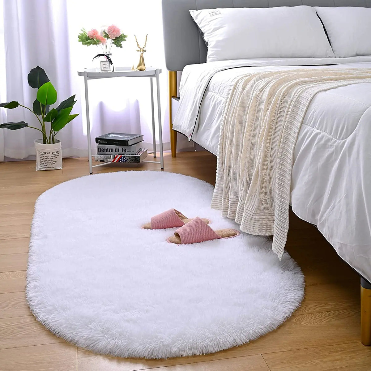 Oval Fluffy Area Rug Ultra Soft Plush Shaggy Carpet for Bedroom (White)