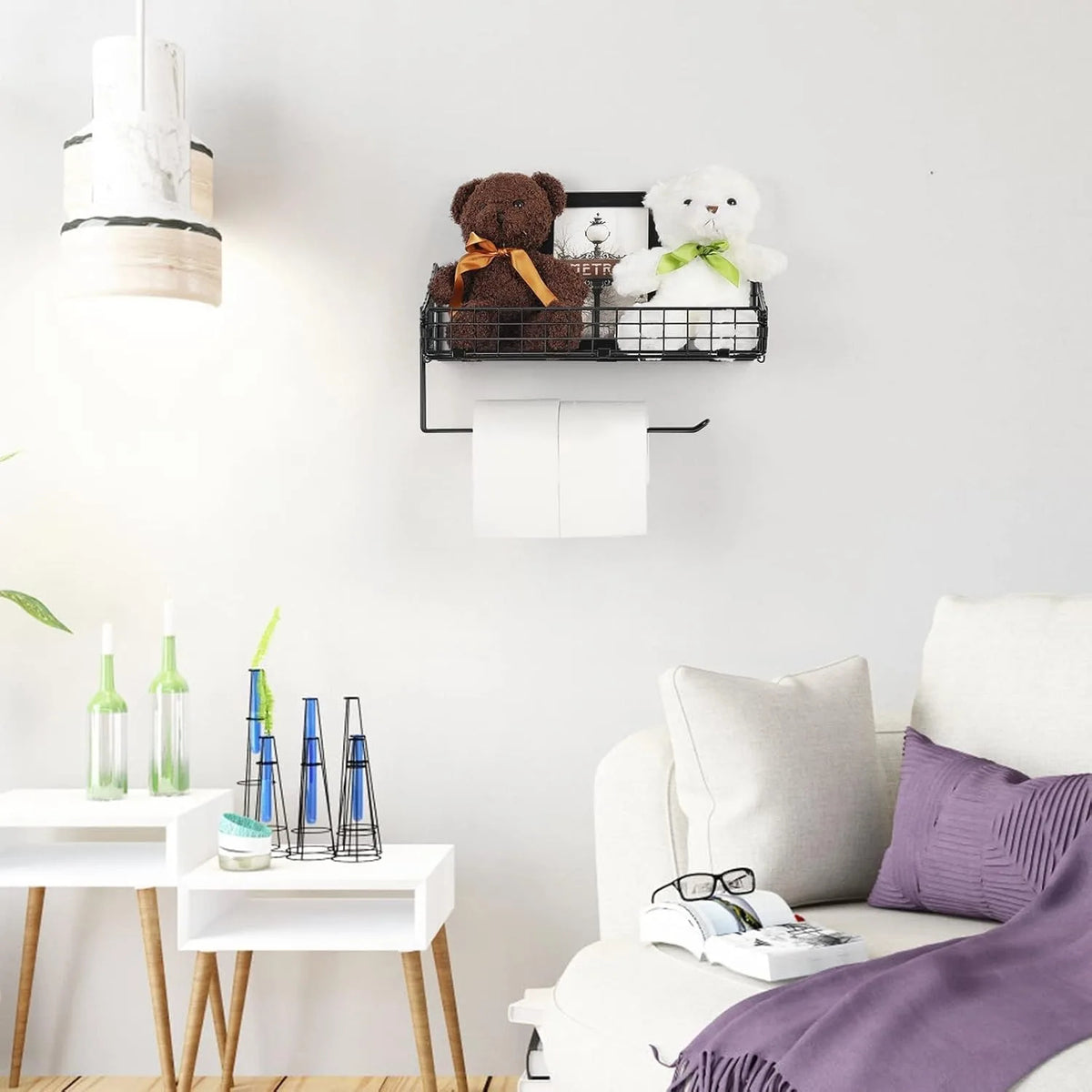 Metal Kitchen Bathroom Wall Organizer with Paper Towel Holder (Black)