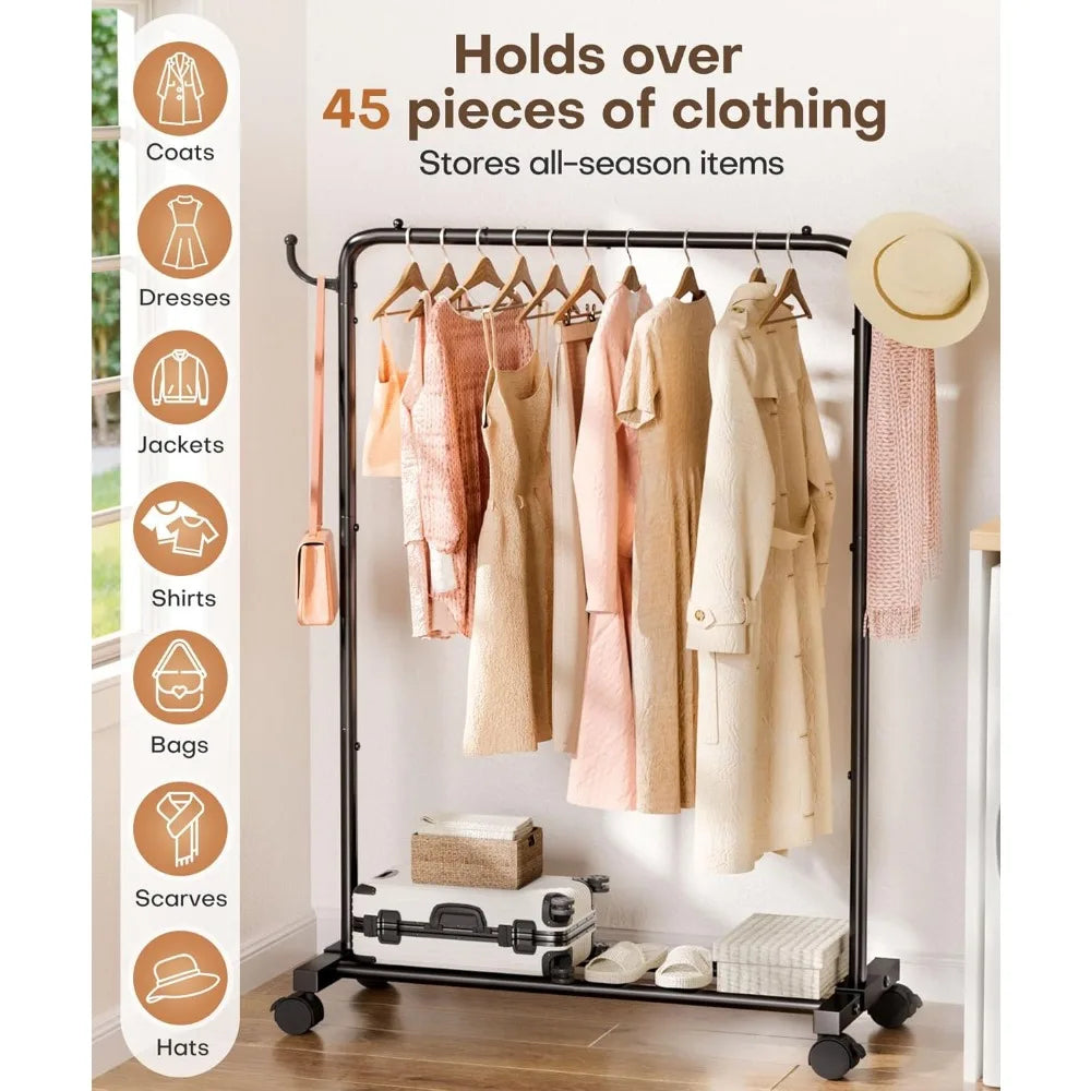 Rolling Clothes Rack with Hooks – Standing Garment Storage Hanging Rod Organizer