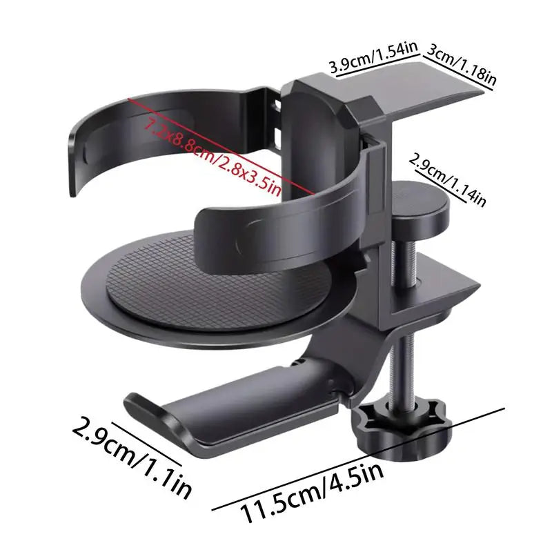 Clip-On Desk Cup Holder with Headphone Hook Rotating Game Desk Accessory (Black)